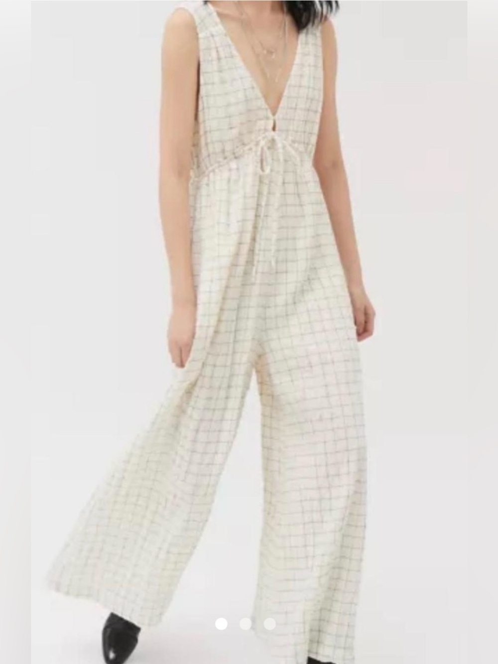 Urban Outfitters Cream Plaid Wide-Leg Jumpsuit